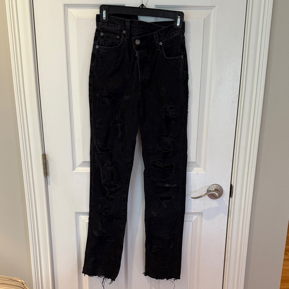 Agolde Black Distressed Straight Leg Jeans.